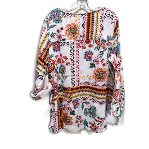 H Halston Heritage Linen Multicolor Boho Floral Button Front Top Blouse - Picture 2 of 6